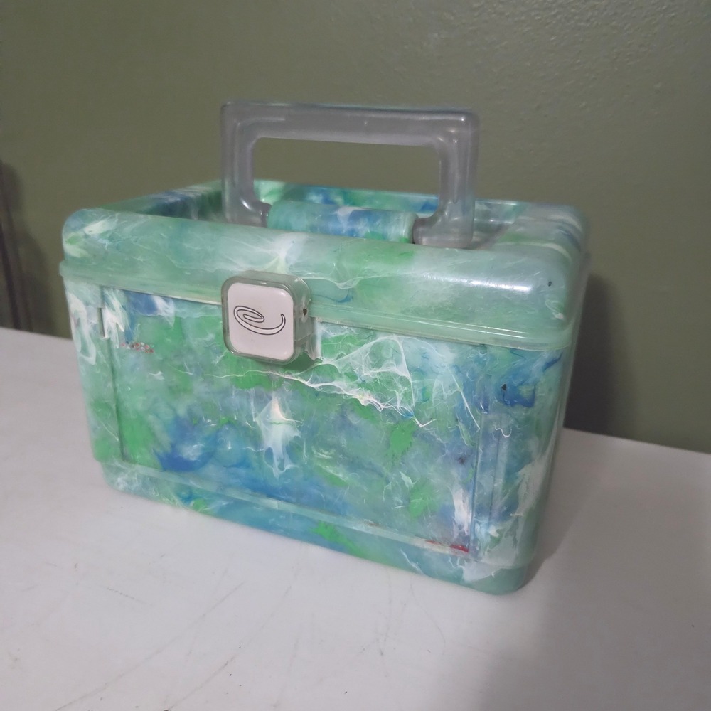 Caboodle Vintage Green Blue Marble Makeup Organizer Mirror Case